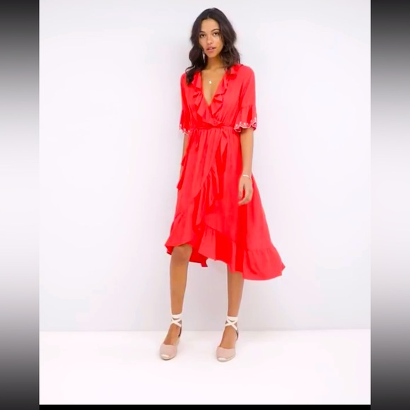 Anthropologie MOON RIVER NWT Ruffle Faux Wrap Dress with Scallop Hem Tassel Tie - Picture 1 of 6